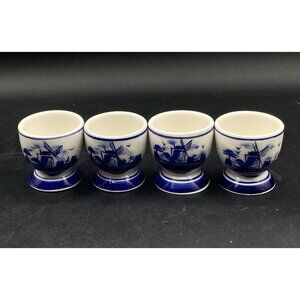 Delftsblauw Egg Cups Lot Of 4 Holland Blue & White Windmill Vintage